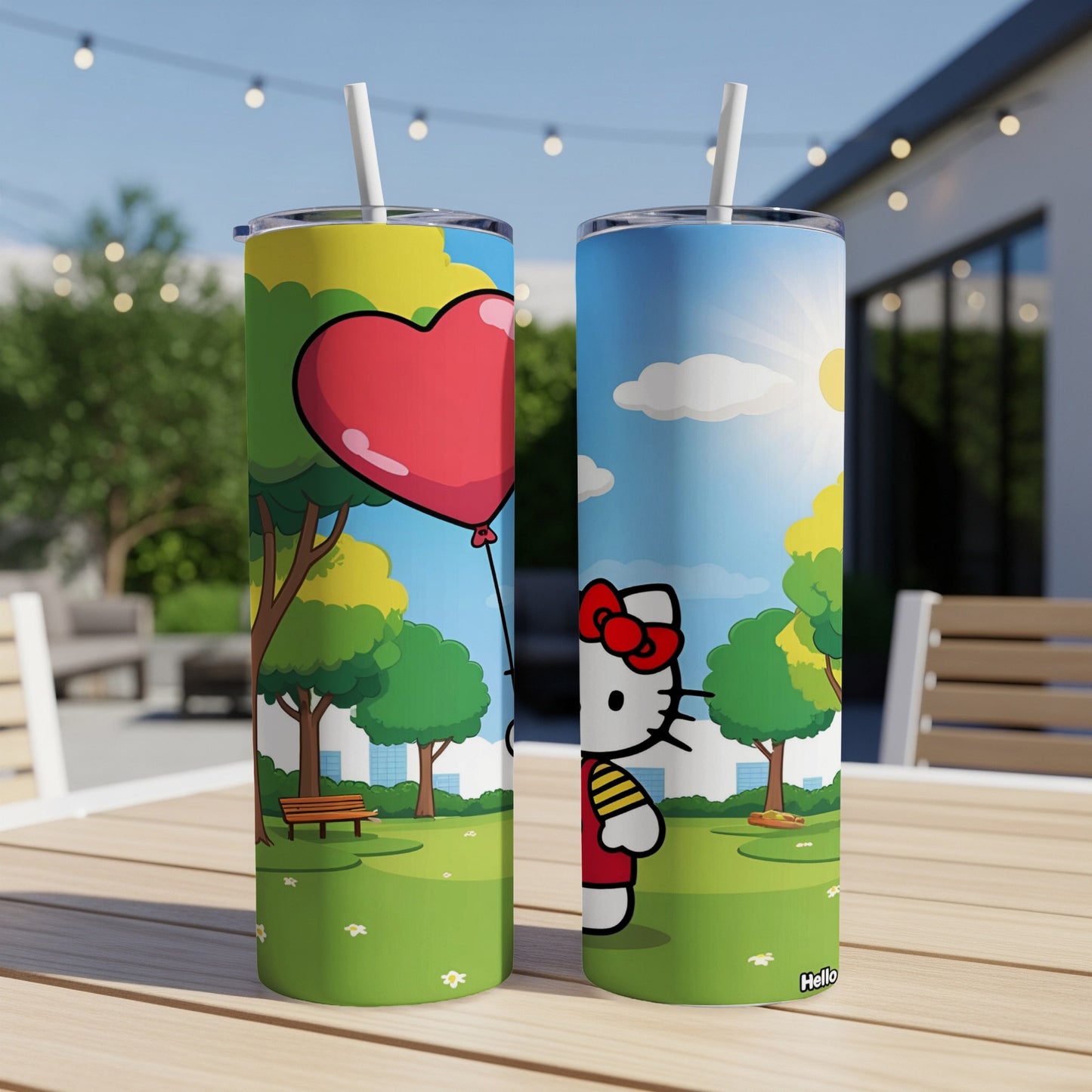 Hello Kitty holding a heart balloon in a park scene.