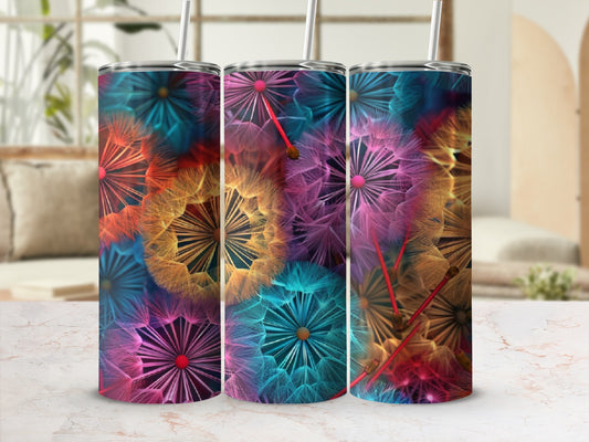 Three tumblers with colorful dandelion puff designs against a blurred background.