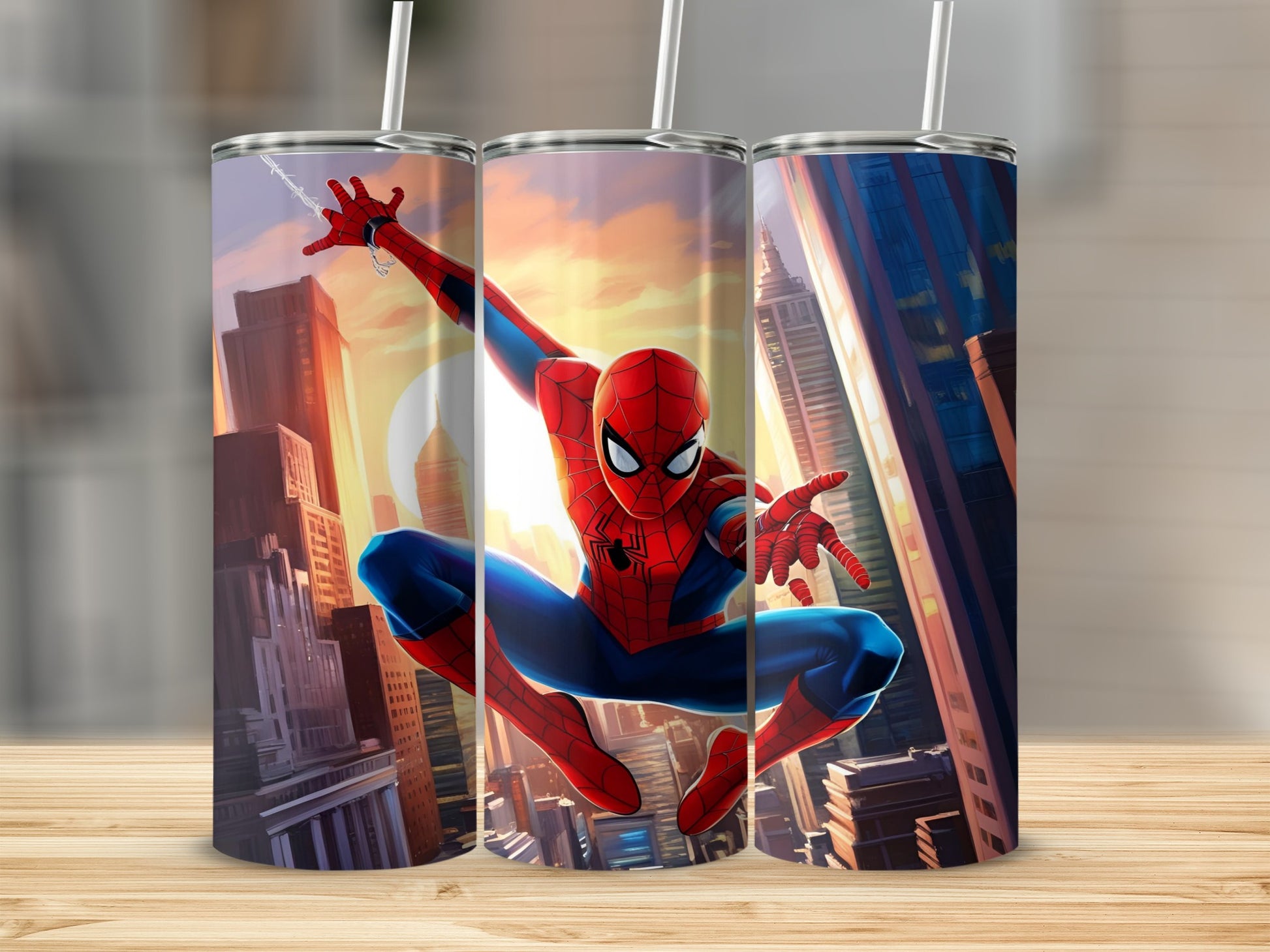Spiderman in dynamic pose against a cityscape backdrop, featured on three tumblers.