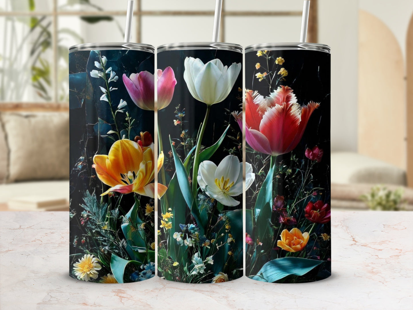 Three tumblers with a dark background and colorful tulip floral pattern.