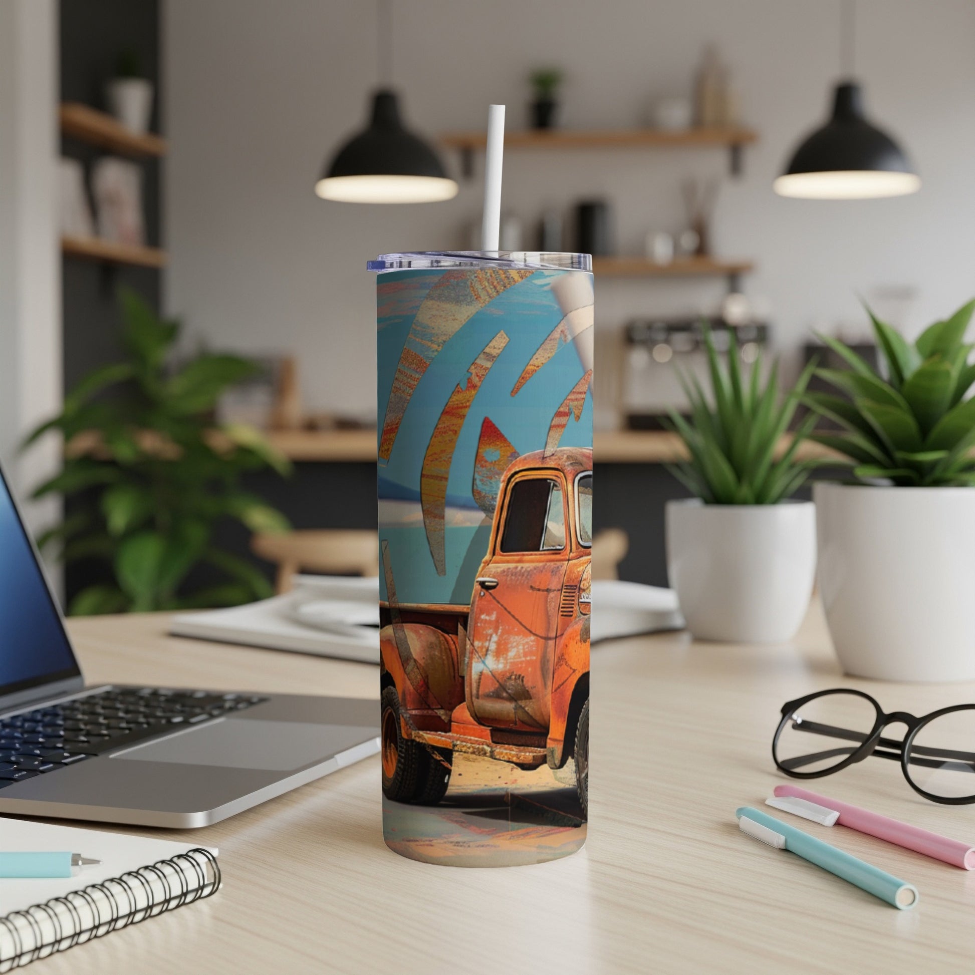 Rustic orange pickup truck with abstract background on a tumbler.