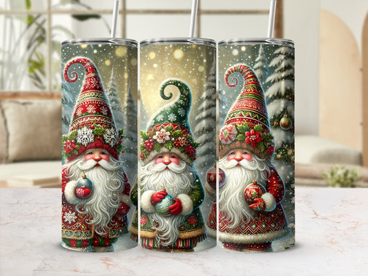 Three festive gnomes in winter hats hold ornaments, surrounded by snow.
