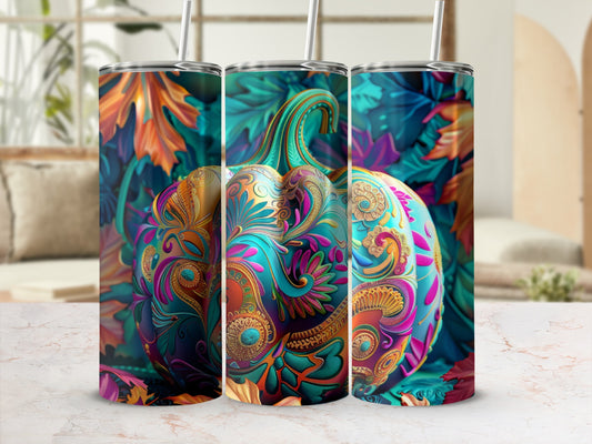 Three tumblers with ornate pumpkin and autumn leaf designs.