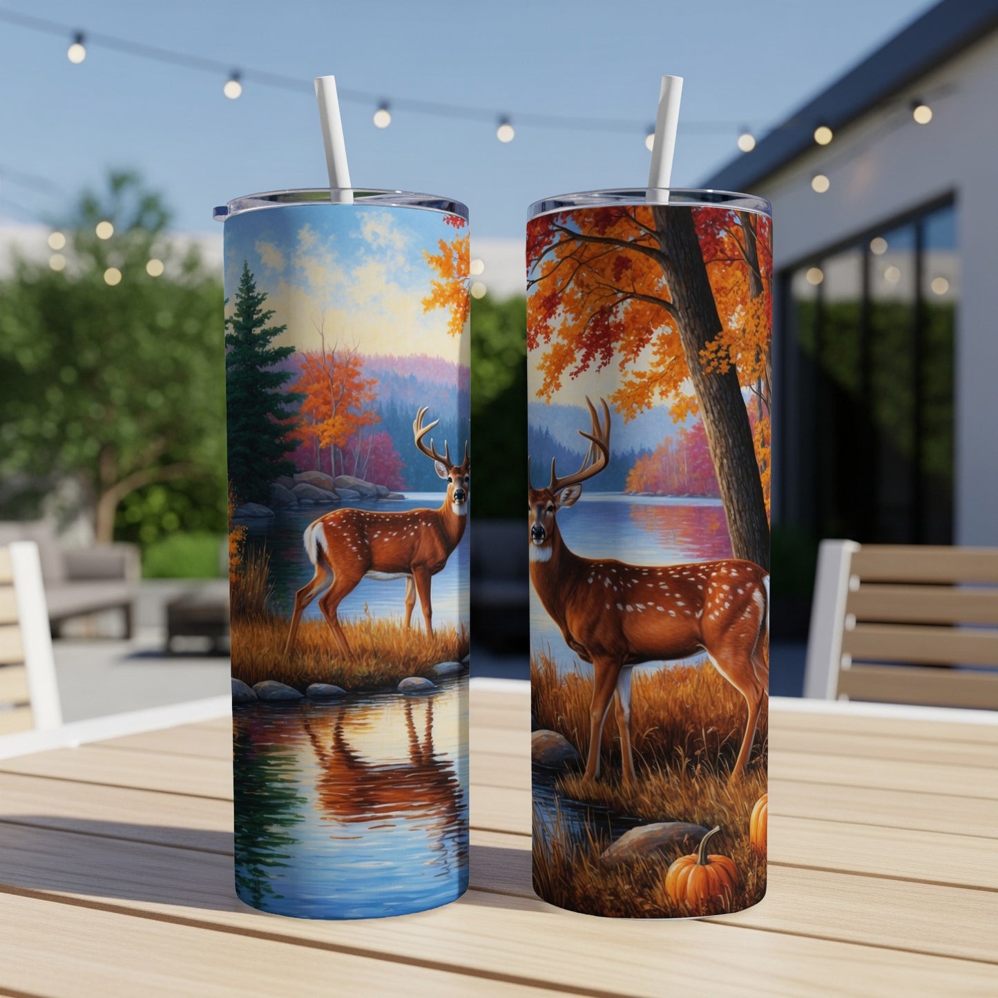Two tumblers with deer and autumn foliage designs, reflecting in water.