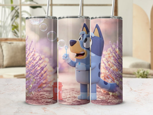 Cute Blue Cartoon Character With Flowers Tumbler