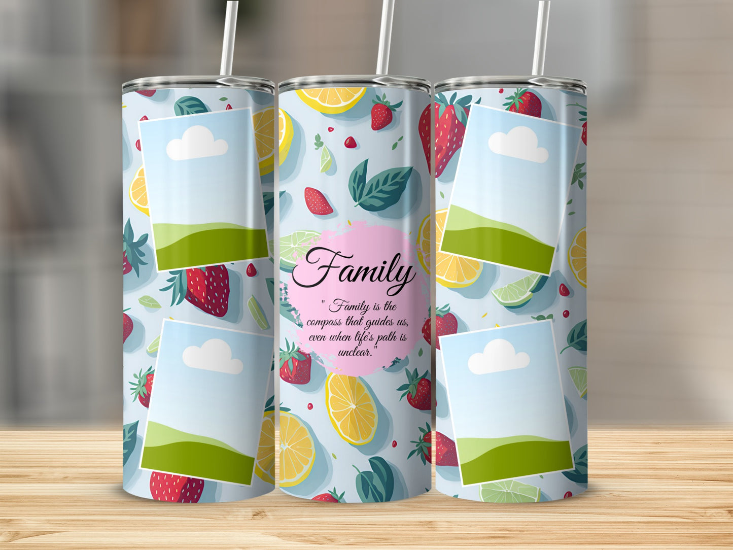 Tumblers with fruit pattern and "Family" quote.
