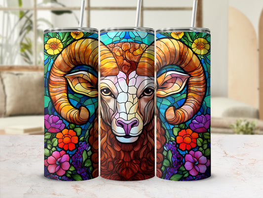 Ram's head with stained glass effect and floral border on three tumblers.