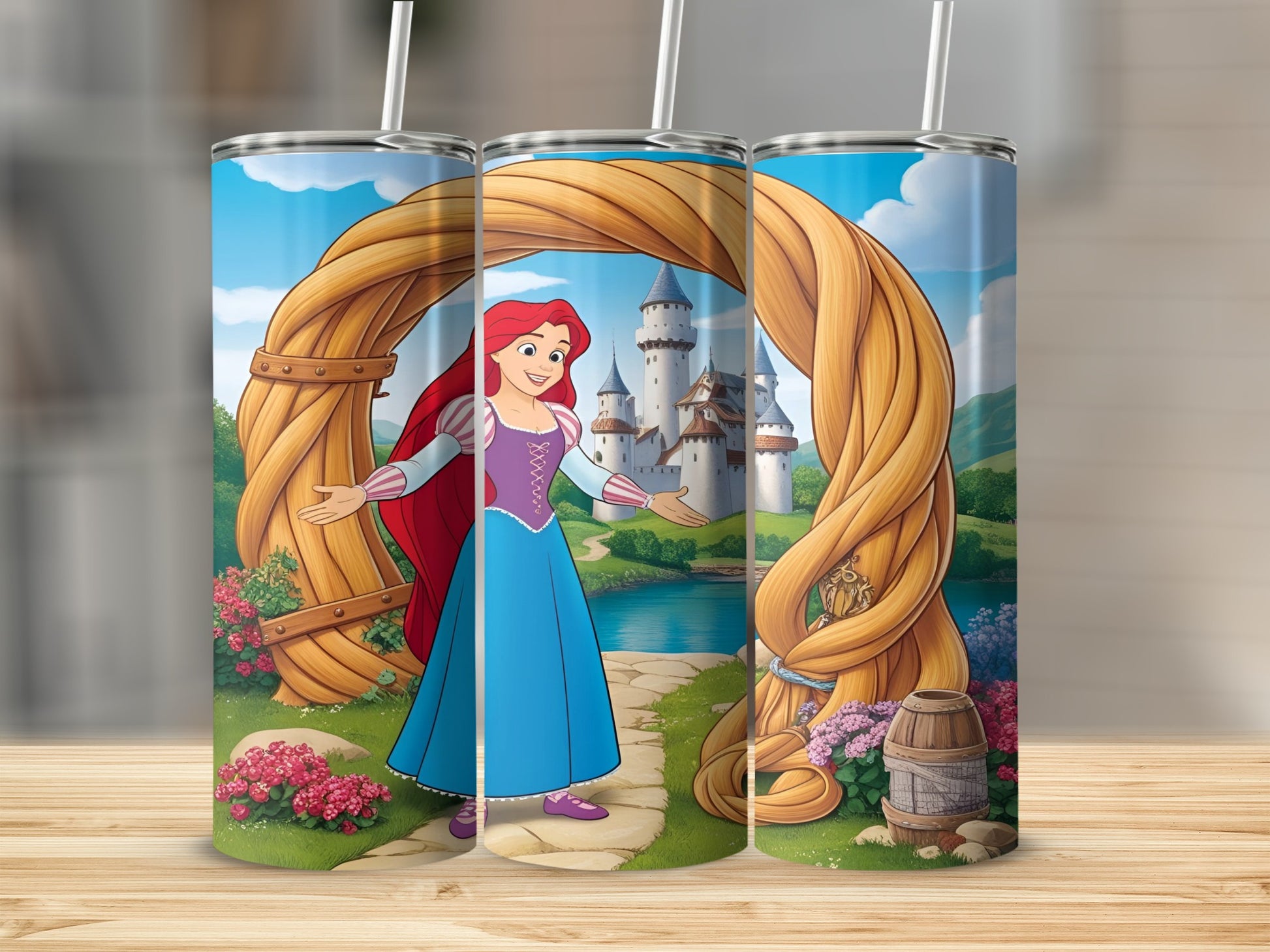 Ariel in a blue dress stands in a castle courtyard, with a winding tower behind her.