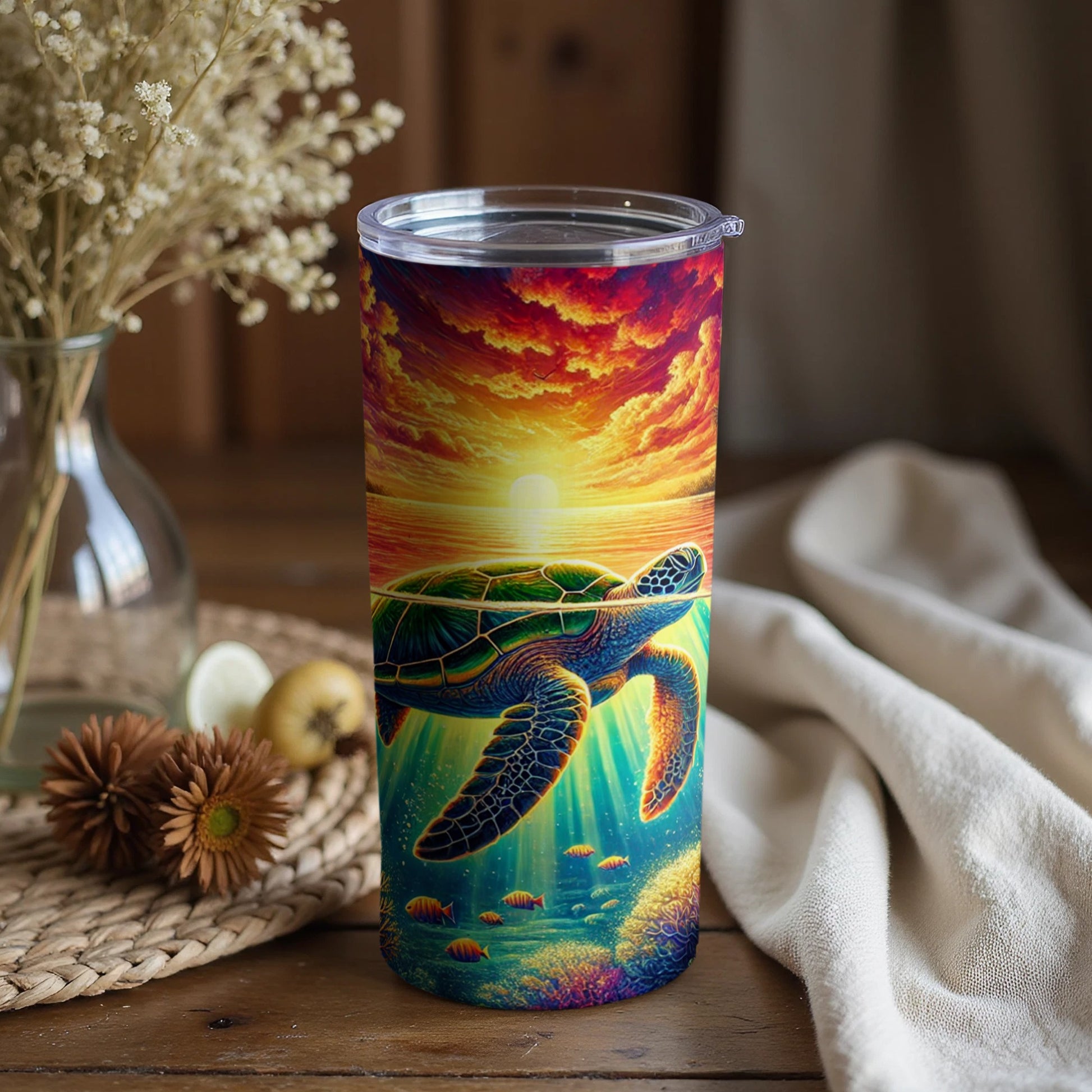 Colorful Sea Turtle and Sunset Tumbler Cup