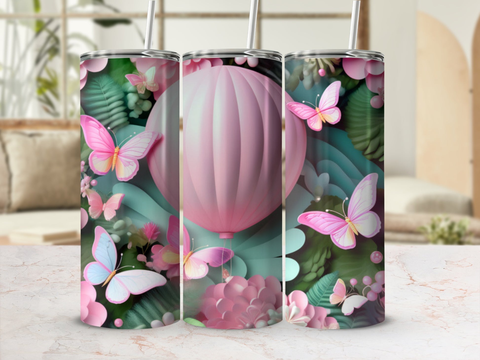 Pink hot air balloon and butterflies on a tumbler.