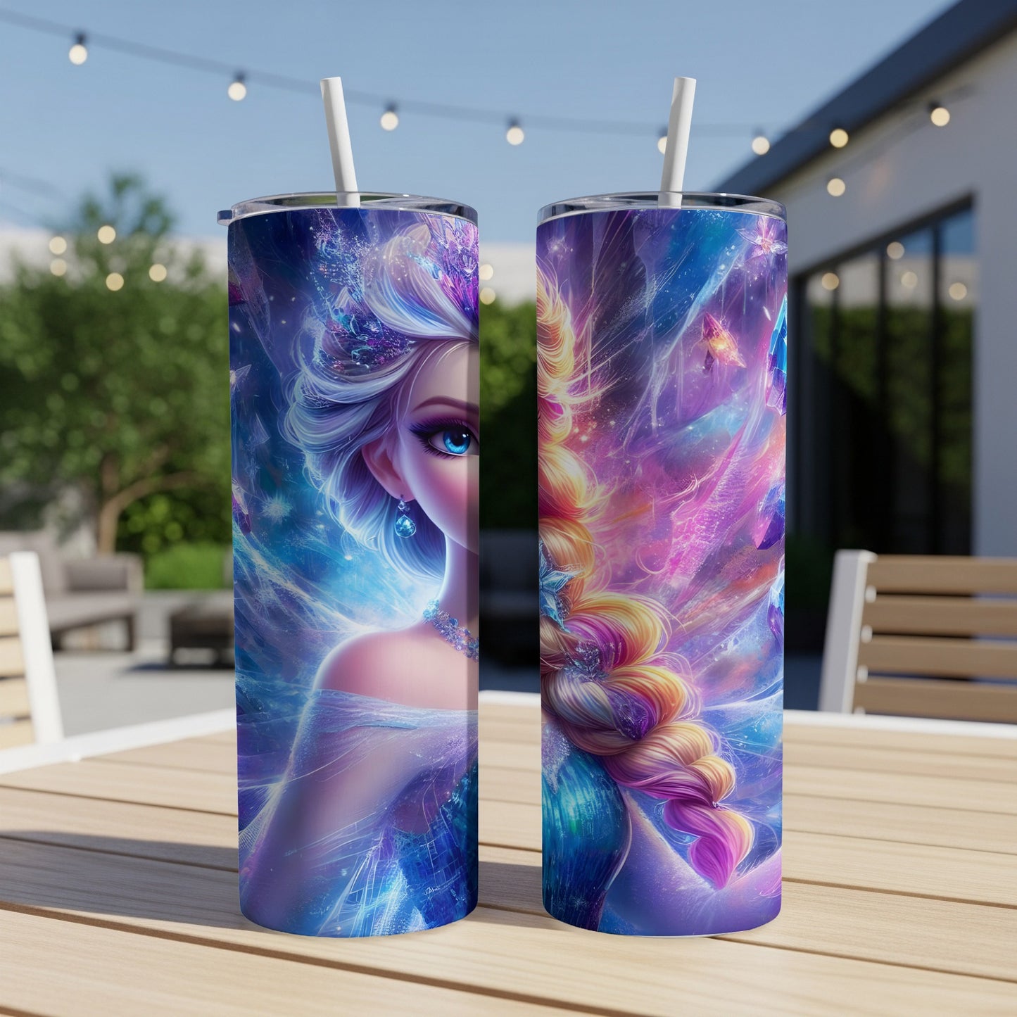 Two tumblers with a blue-haired woman in an artistic, starry design.