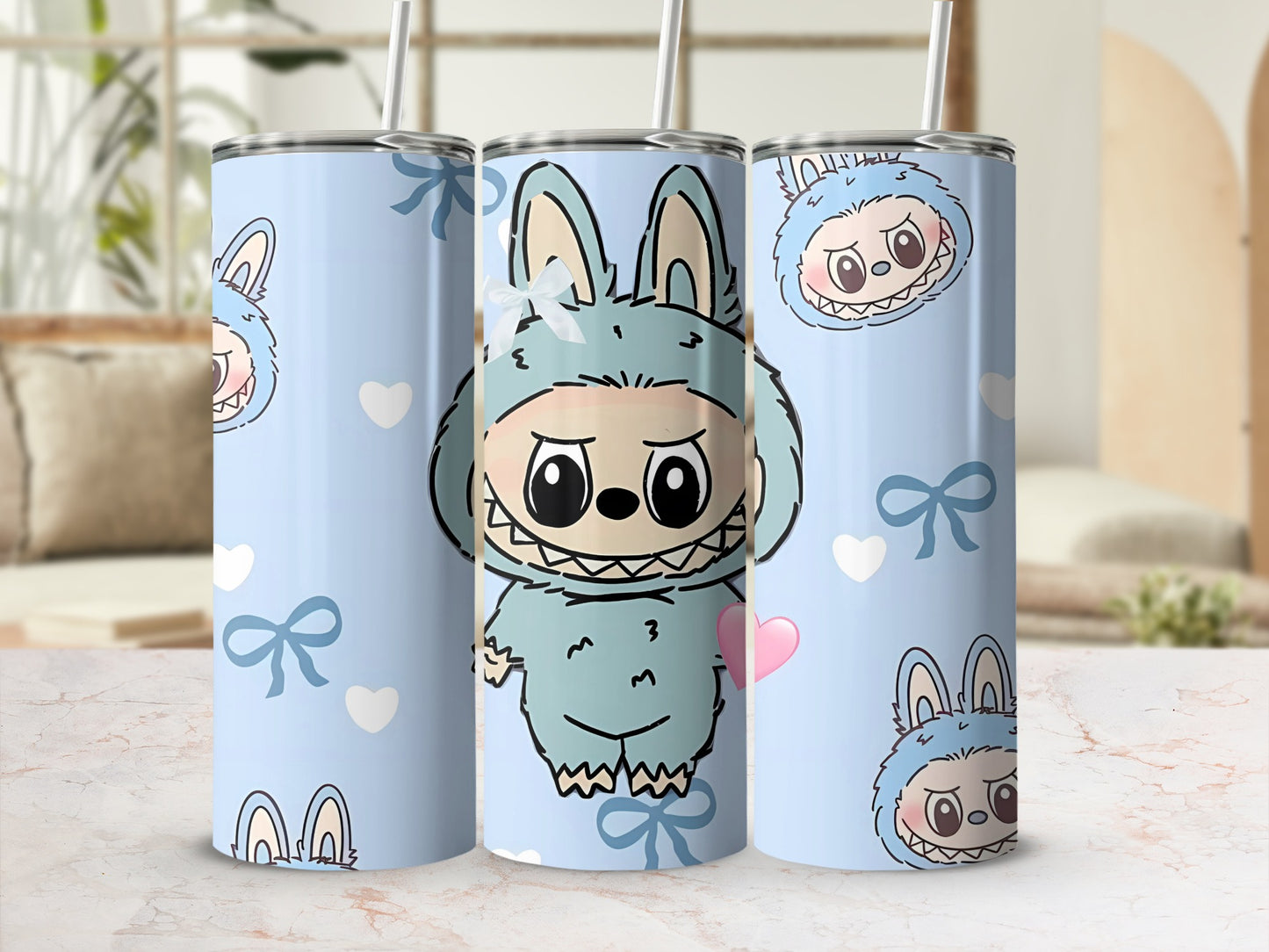 Cute Blue Bunny Character Pattern Tumbler with Straw