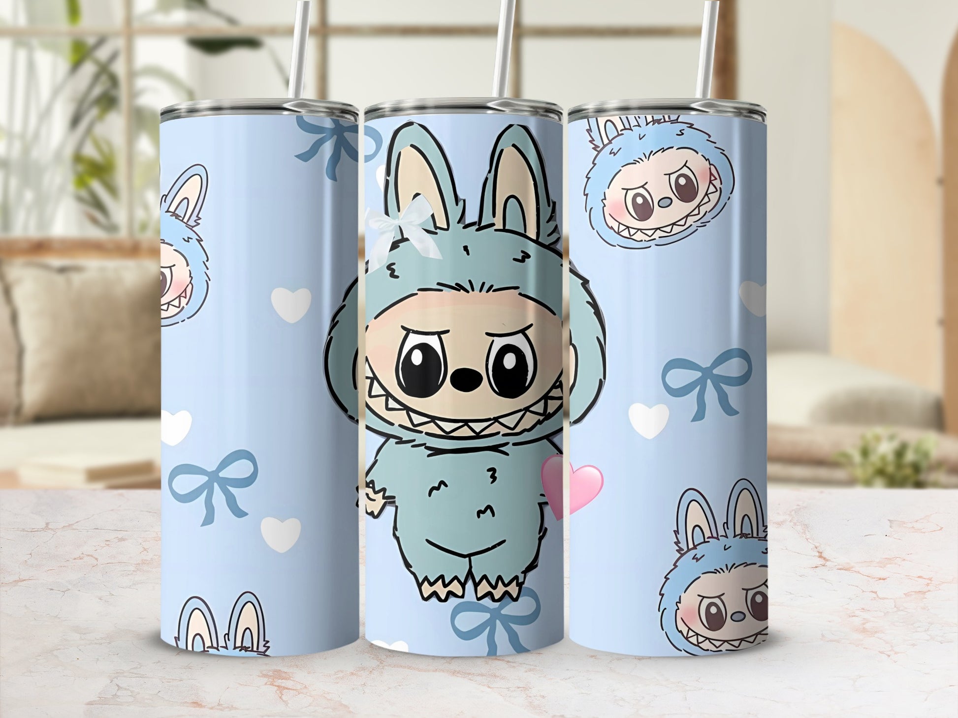 Cute Blue Bunny Character Pattern Tumbler with Straw