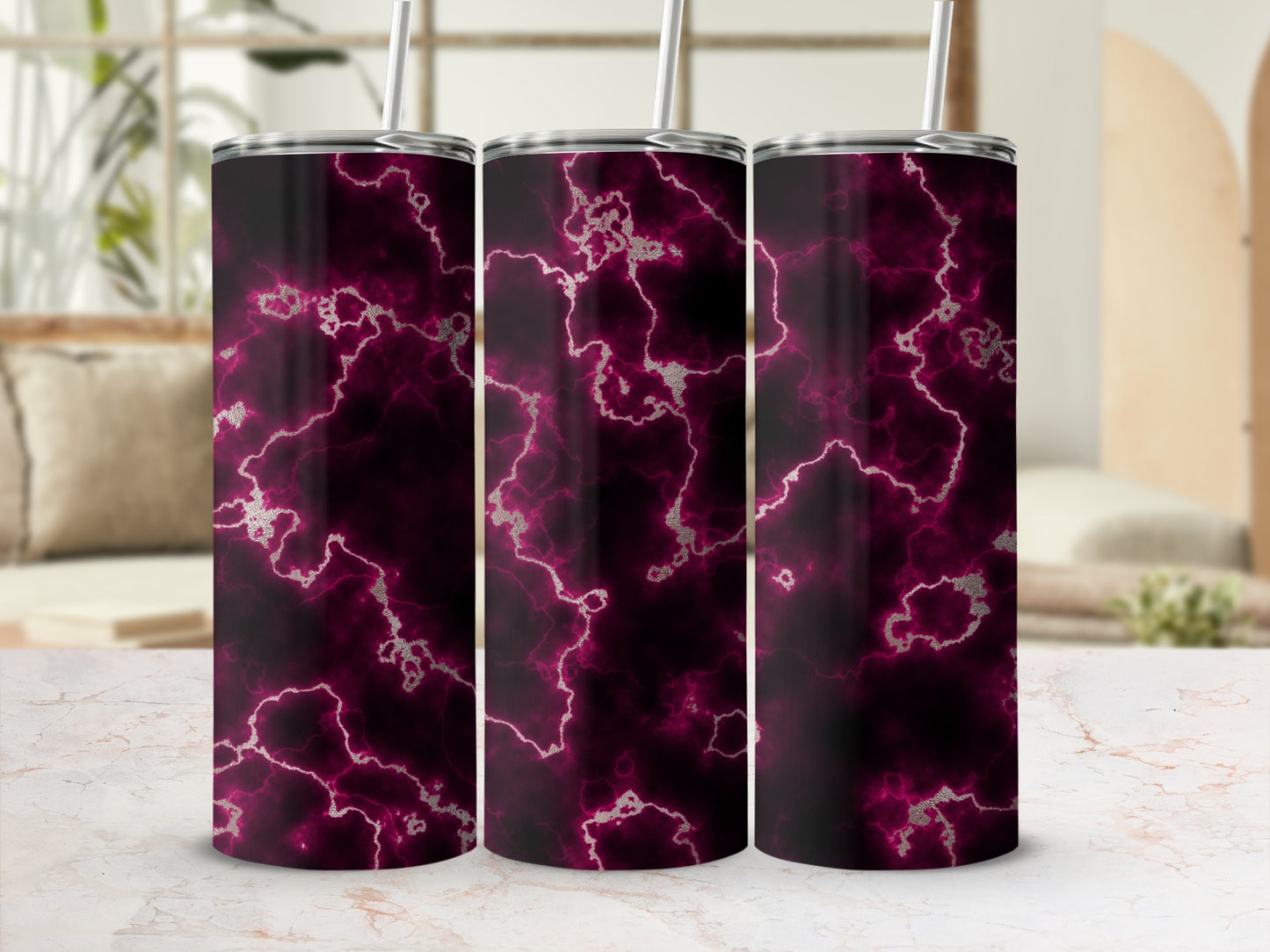 Three tumblers with a dark purple marble and silver lightning pattern.