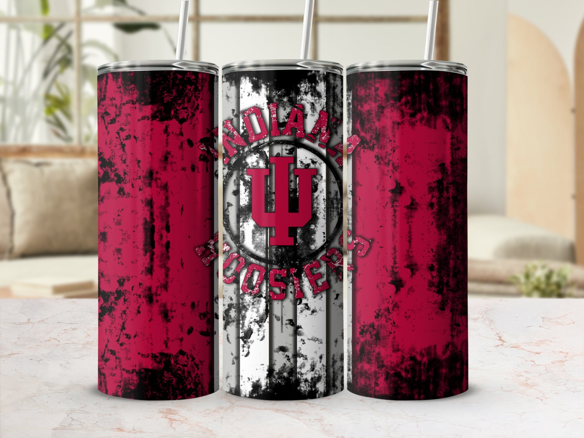 Indiana Hoosiers tumbler with distressed red and black design