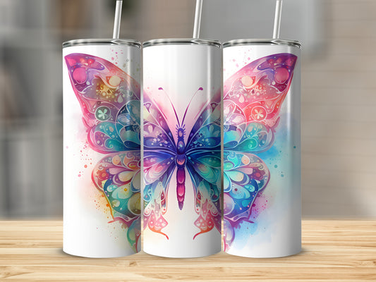 Three tumblers with colorful watercolor butterfly designs.