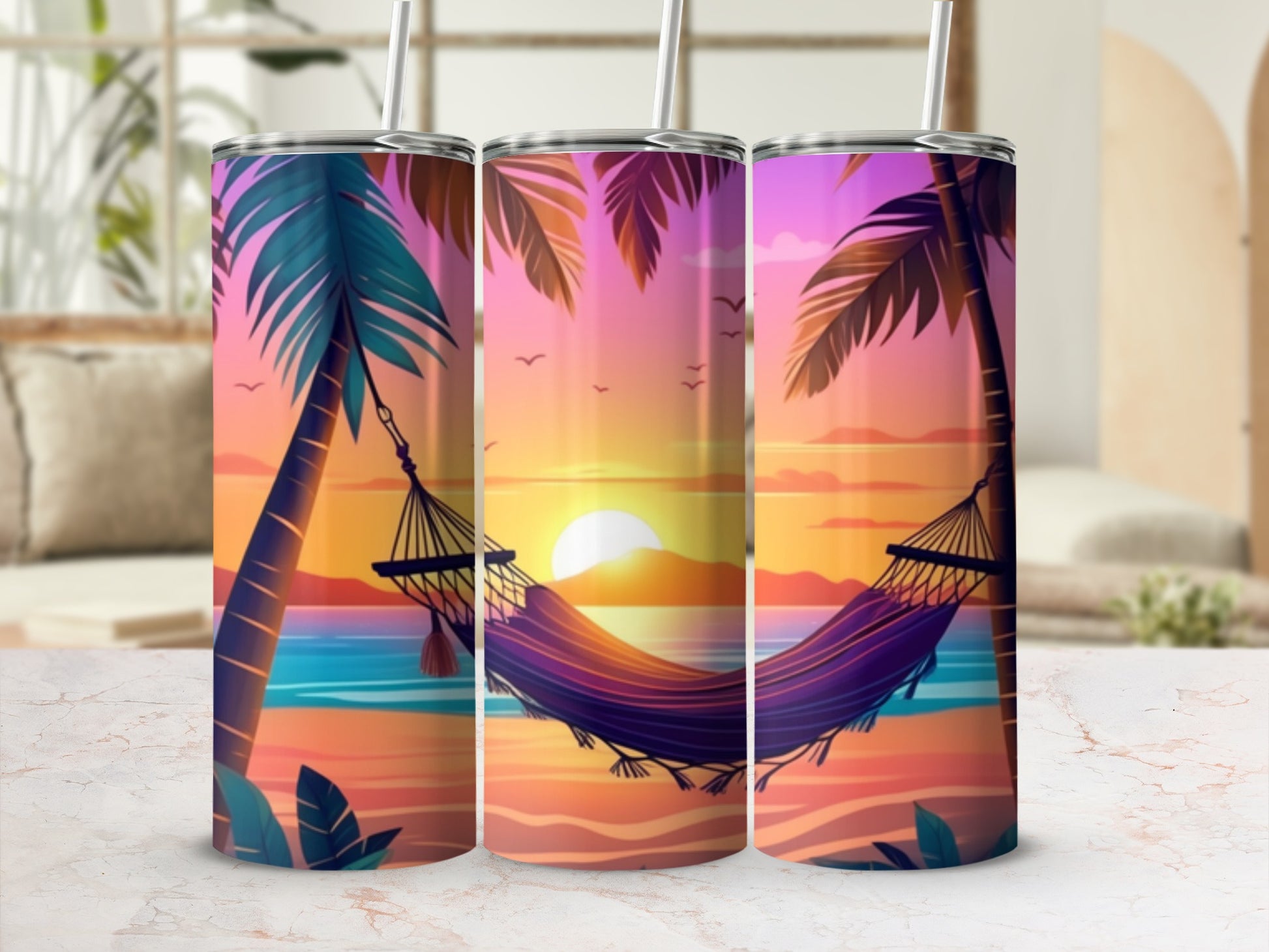 Hammock strung between palm trees on a beach at sunset.