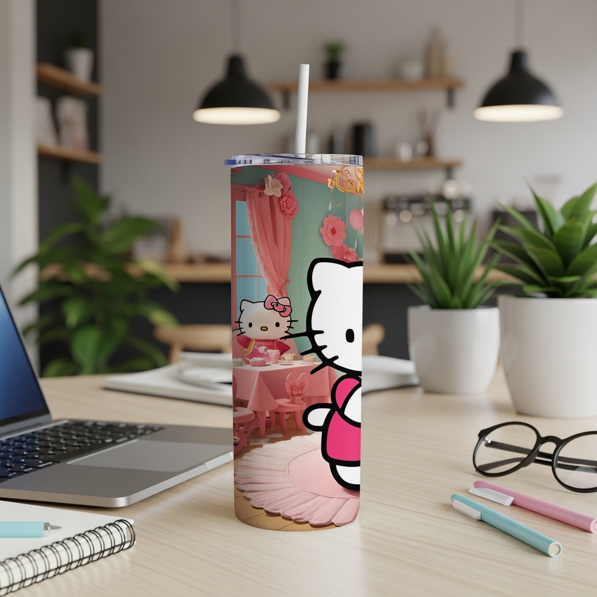 Hello Kitty themed tumbler with pink accents and a tea party scene.