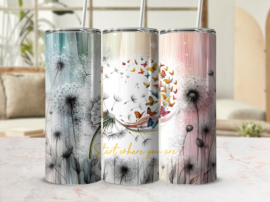 Three tumblers with dandelion and butterfly designs and inspirational text.