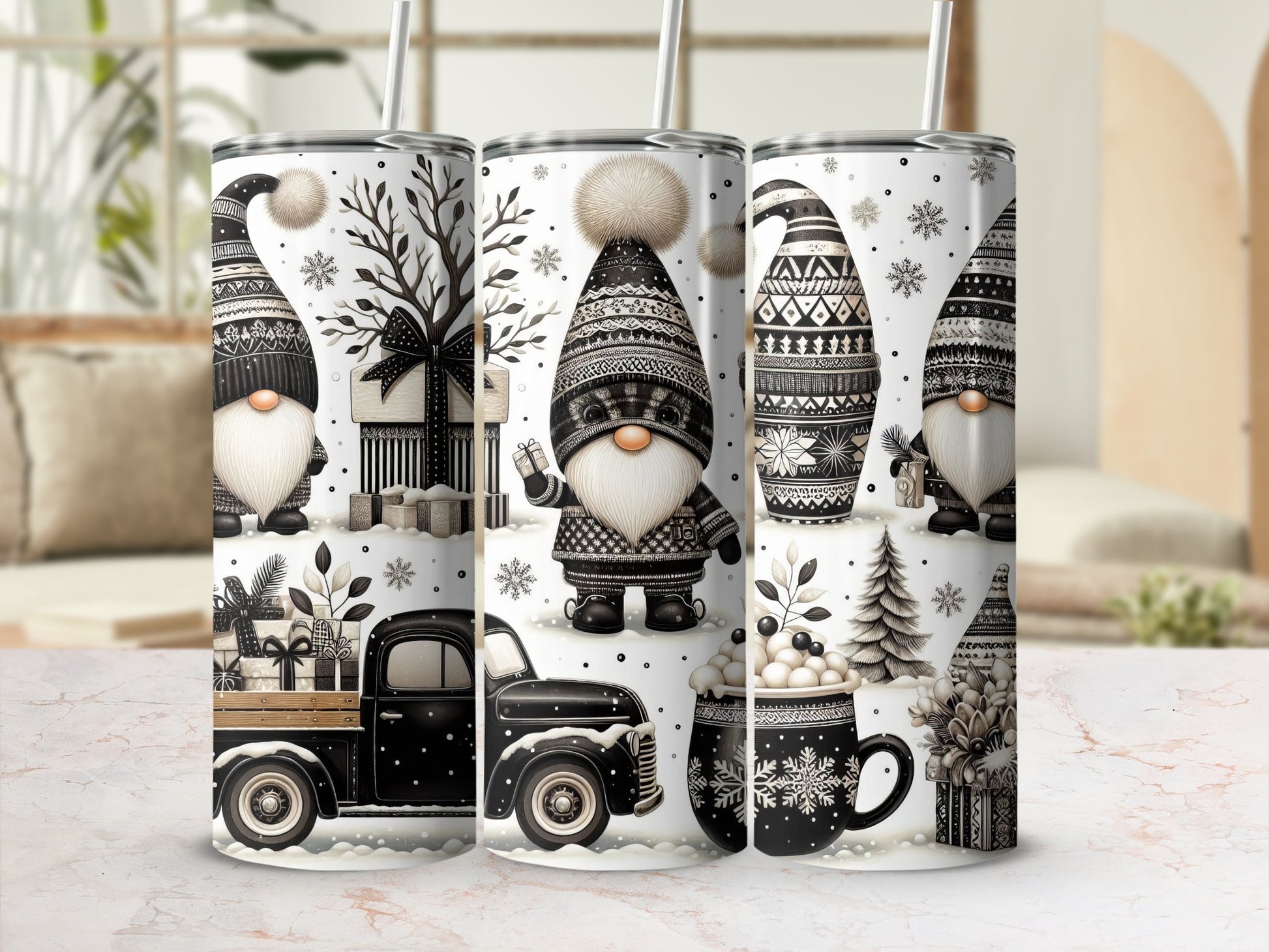 Gnomes and truck with gifts and snow on a tumbler.