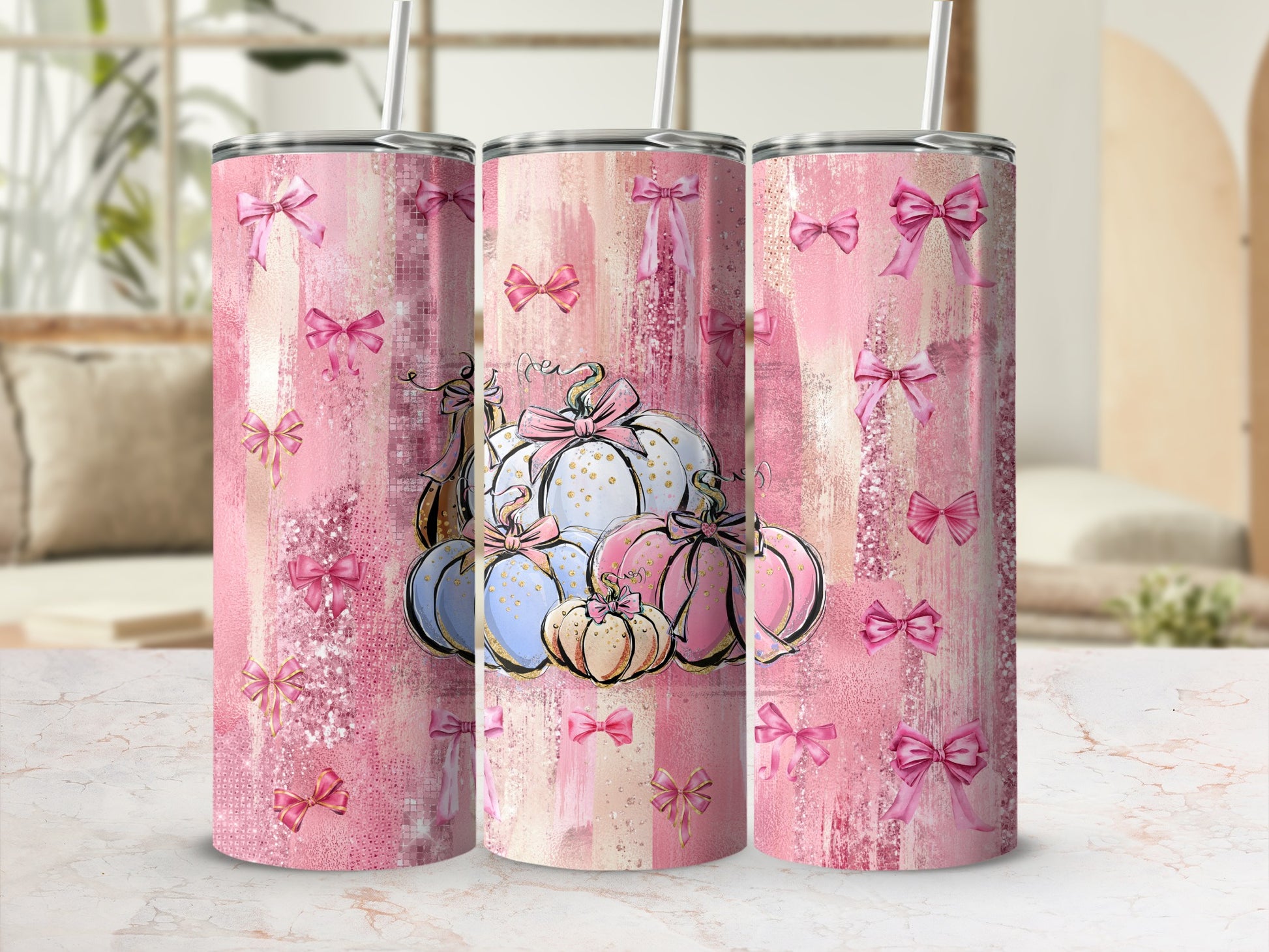 Pink distressed background with scattered bows and a cluster of decorative pumpkins.