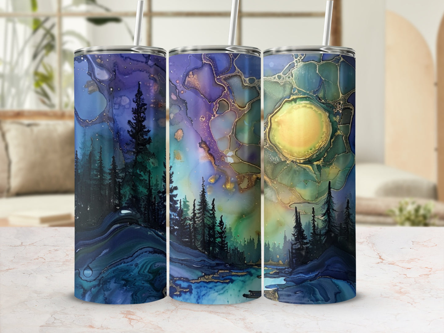 Three tumblers with a cosmic forest landscape design.