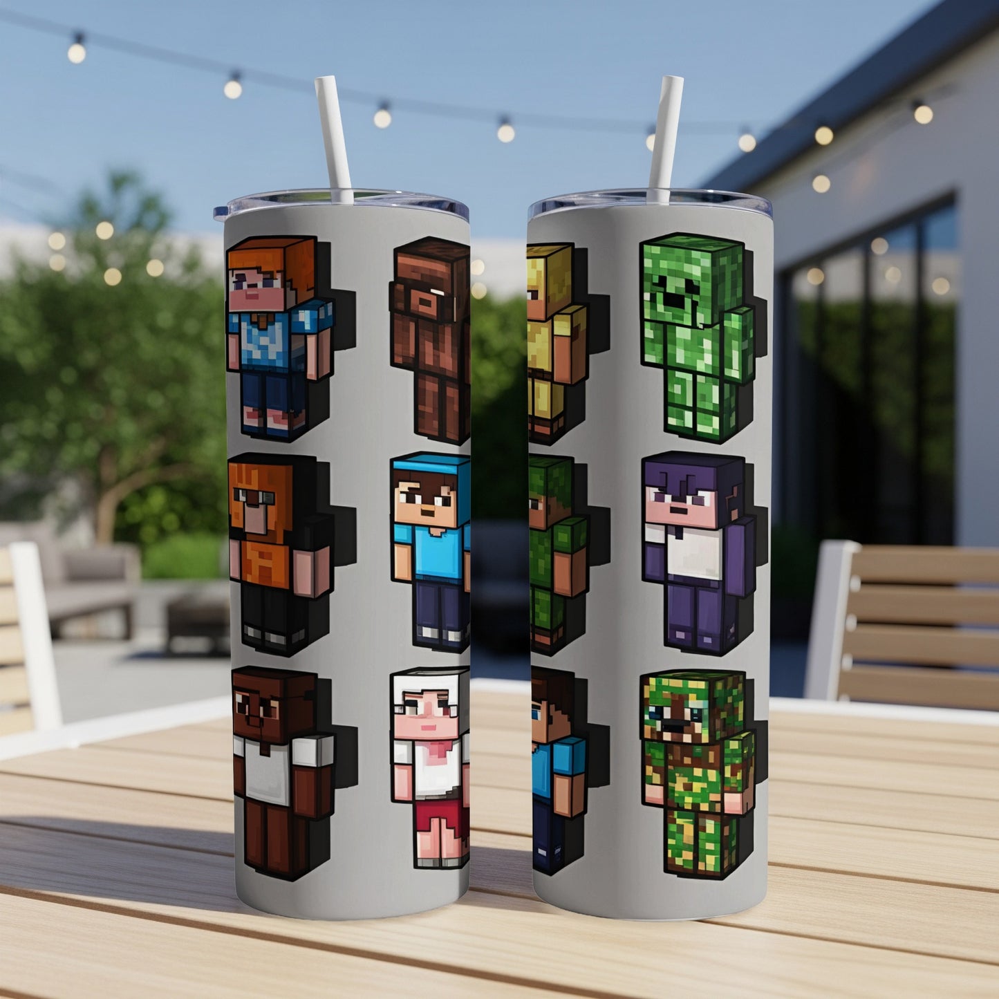 Two Minecraft-themed tumblers with pixelated characters and straw.