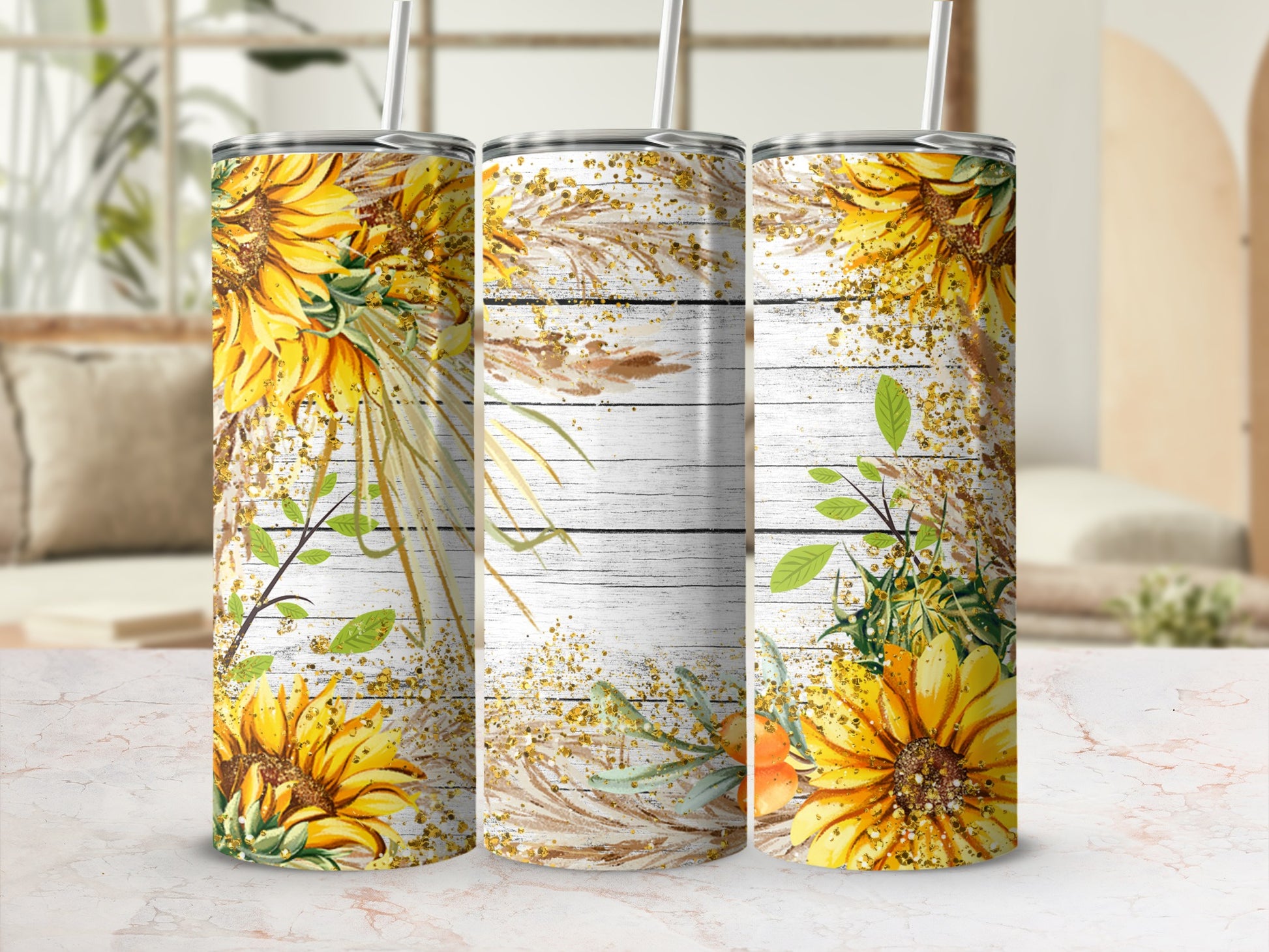 Three tumblers with sunflowers, wheat, and glitter detail.