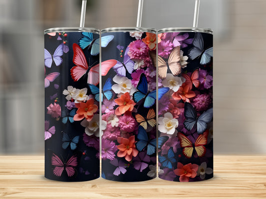 Colorful Butterfly Garden Floral Pattern Drink product type
butterfly floral vibrant colorful tumbler drinkware nature garden blooms summer spring insect art design pattern unique aesthetic gift idea butterflies flowers dark background
