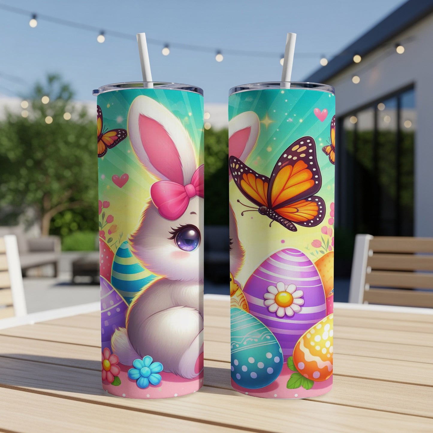 Easter bunny with butterflies and decorated eggs on a tumbler.
