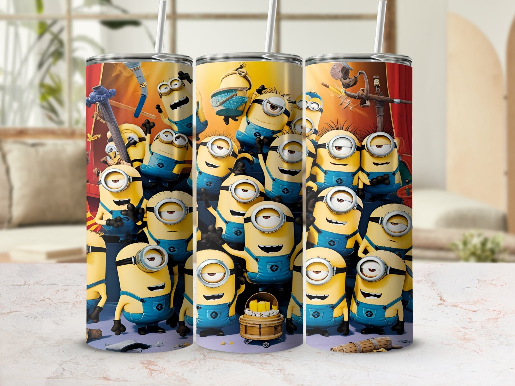 Minions in blue overalls and yellow shirts with buckets of bananas and straws.