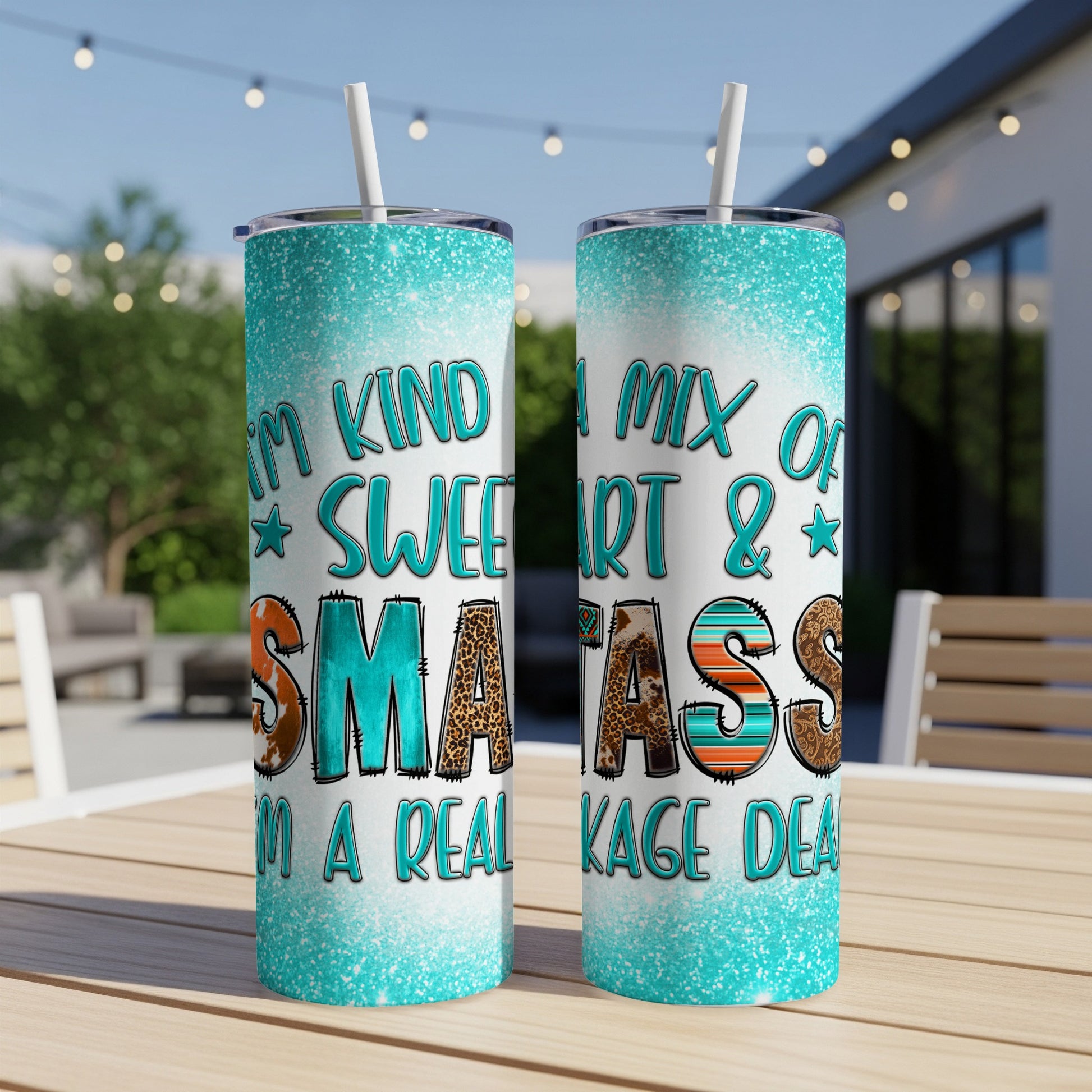 Two tumblers with "SMARTASS" text and aqua glitter background.