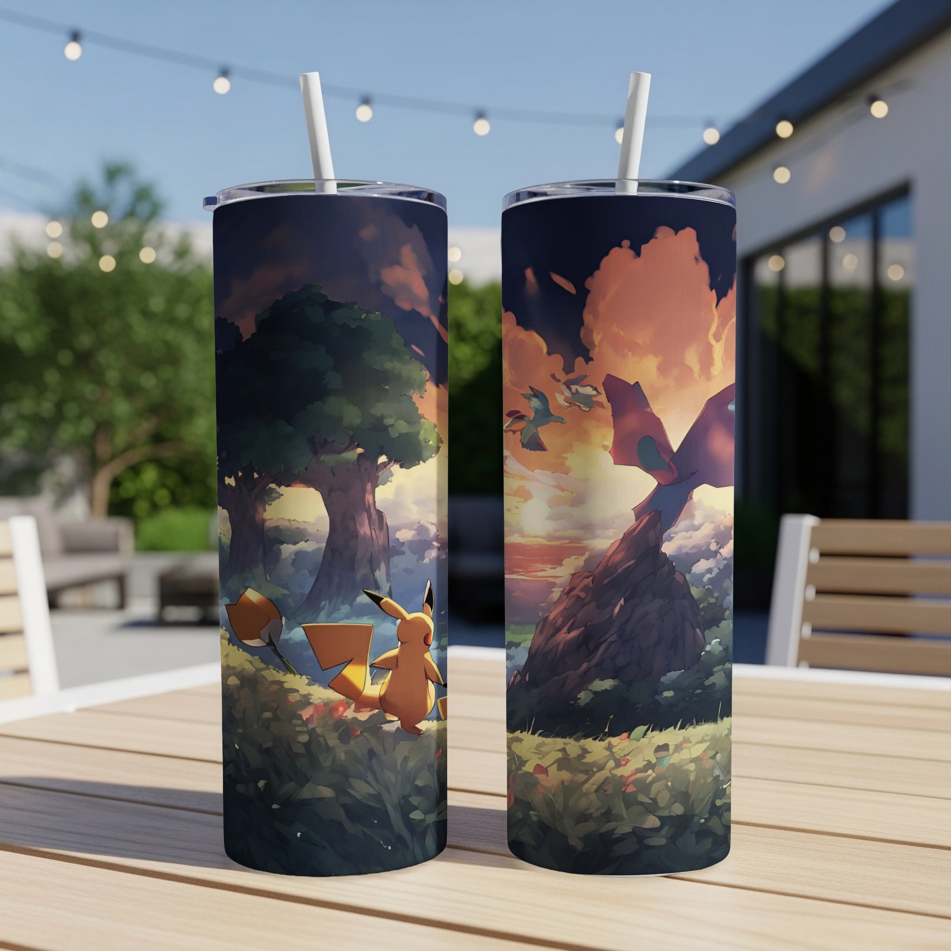 Pikachu and dragons in a vibrant sunset landscape on two tumblers.