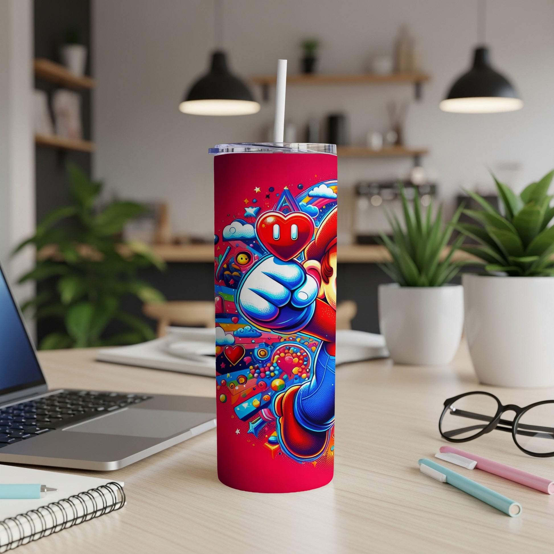 Red tumbler with Mario holding a heart, surrounded by colorful abstract elements.