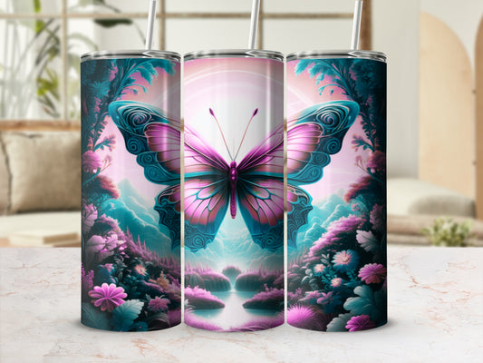 Butterfly on a vibrant, fantasy landscape with mountains and pink flowers.