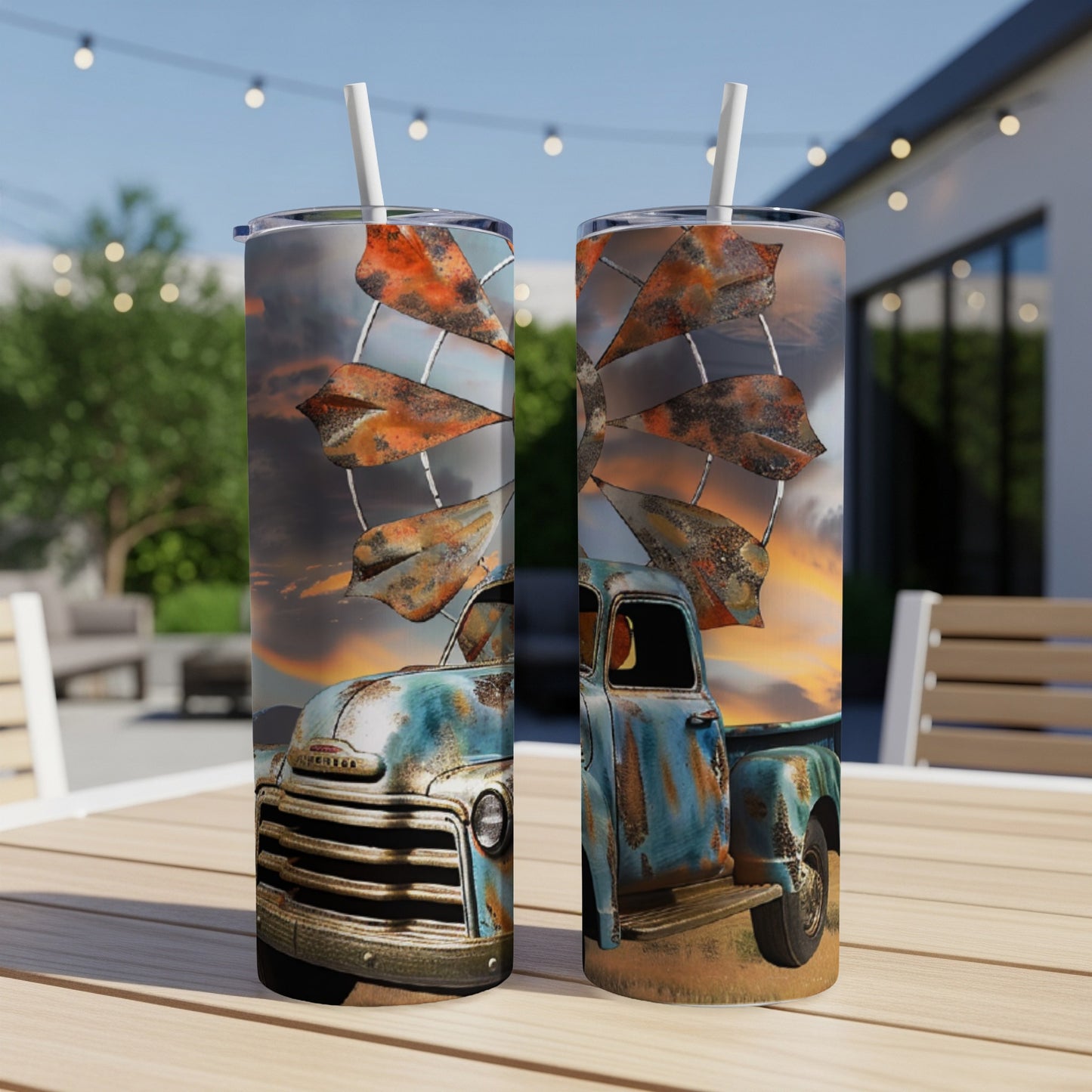 Rustic blue pickup truck and windmill design on two tumblers.