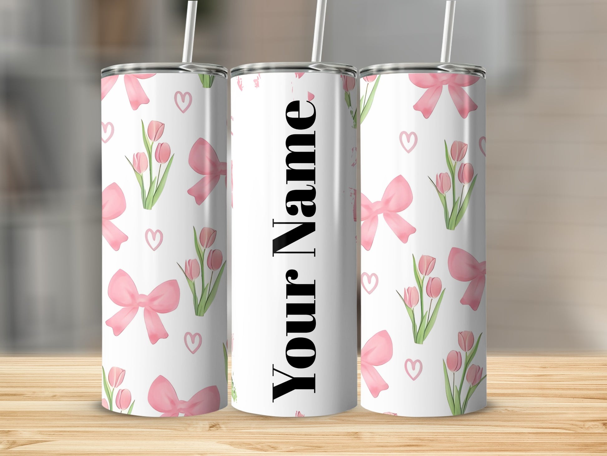 Custom Name Pink Bows and Tulips Design Tumbler