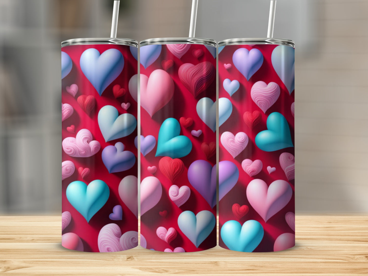 Three Valentine's Day tumblers with colorful heart pattern.