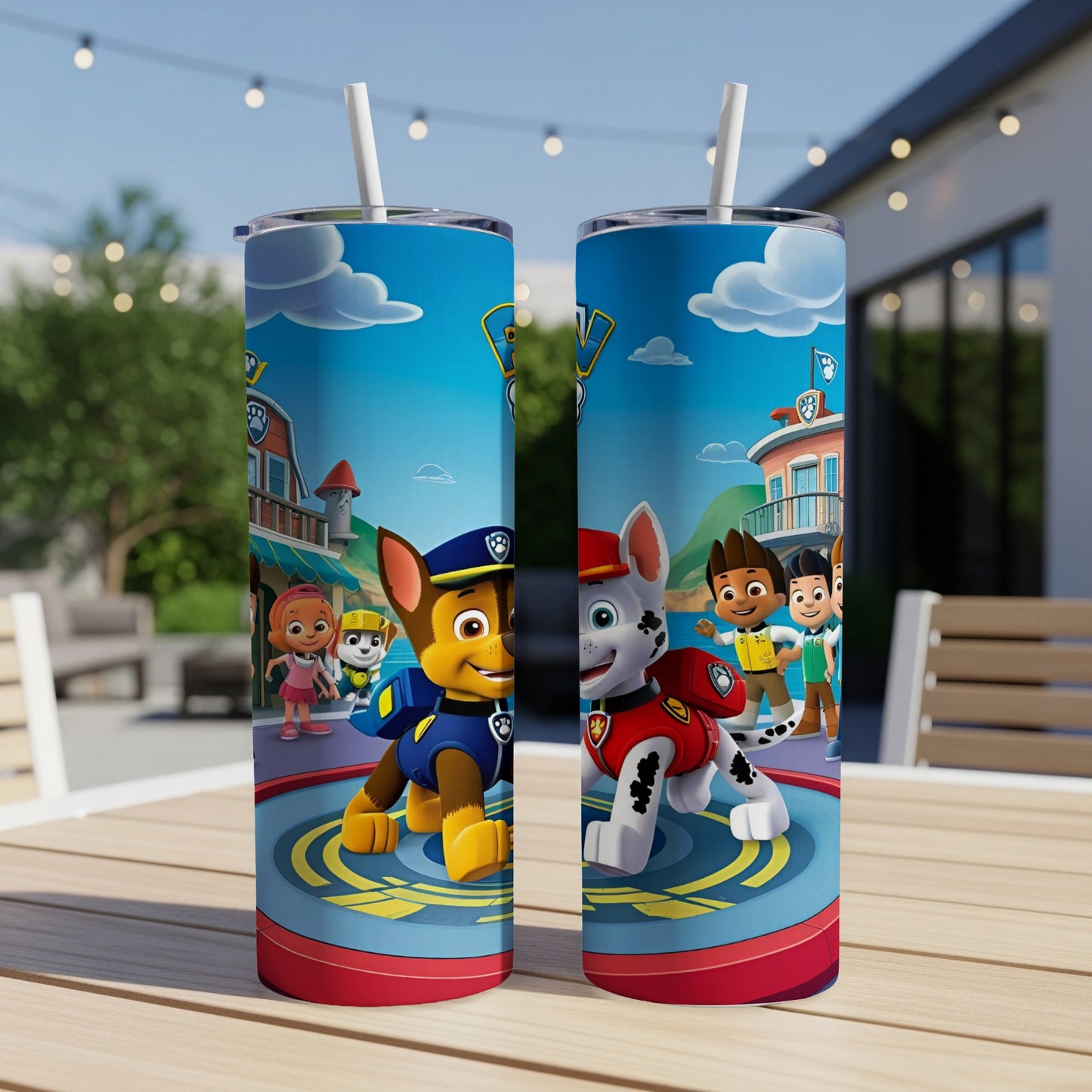 Paw Patrol characters Chase and Marshall on a circular platform with a town background.