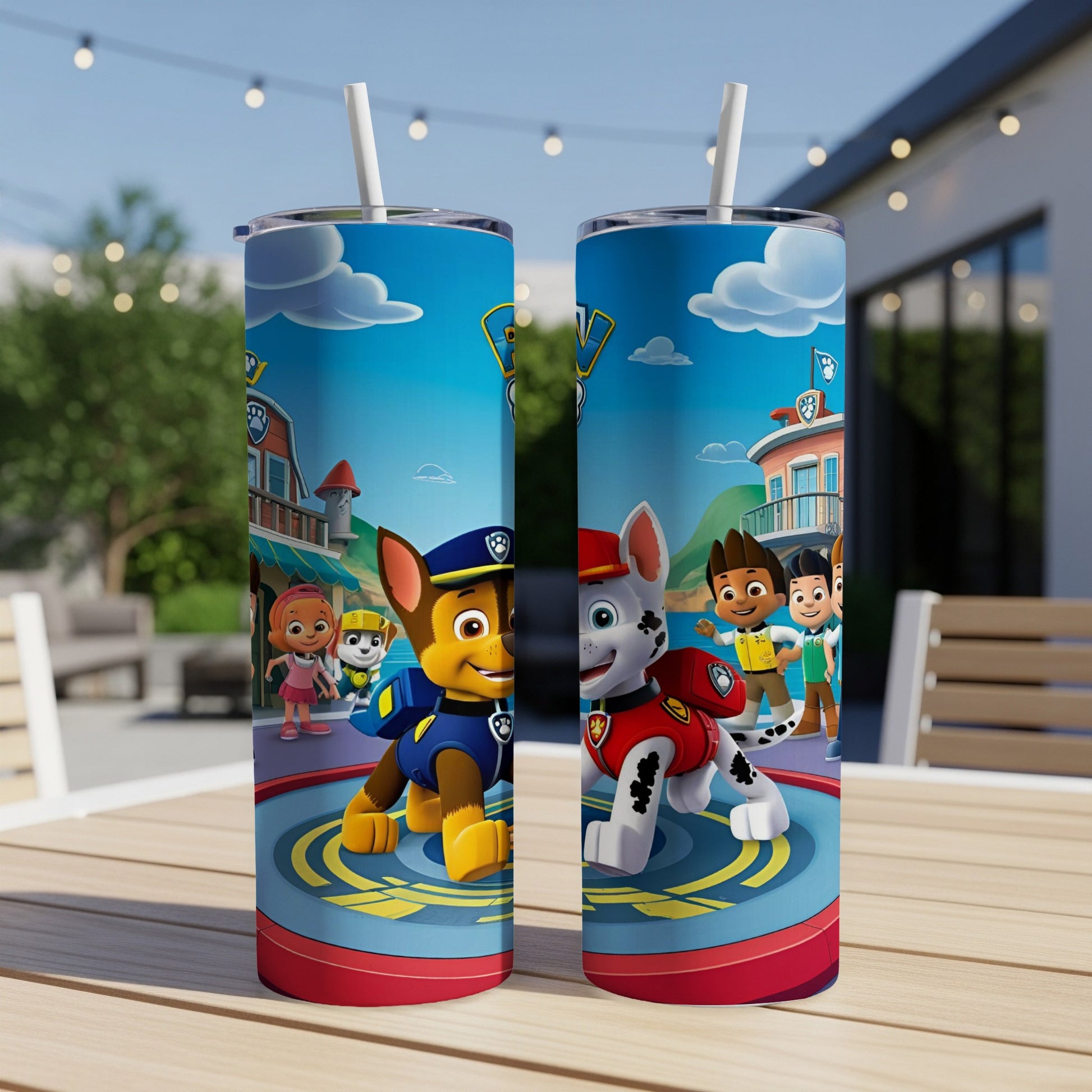Paw Patrol characters Chase and Marshall on a circular platform with a town background.