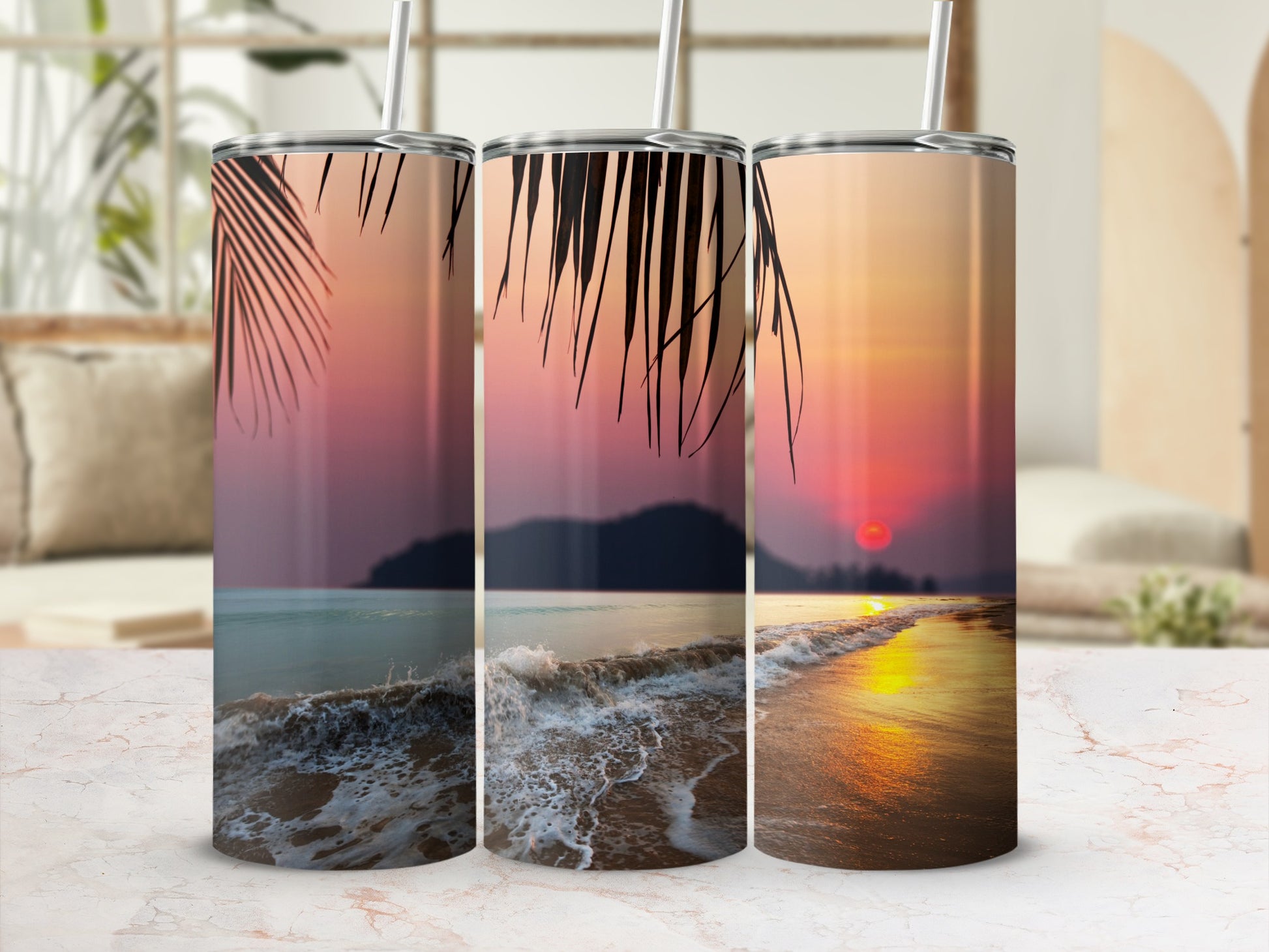 Stunning Sunset and Palm Beach Scene Tumbler Set