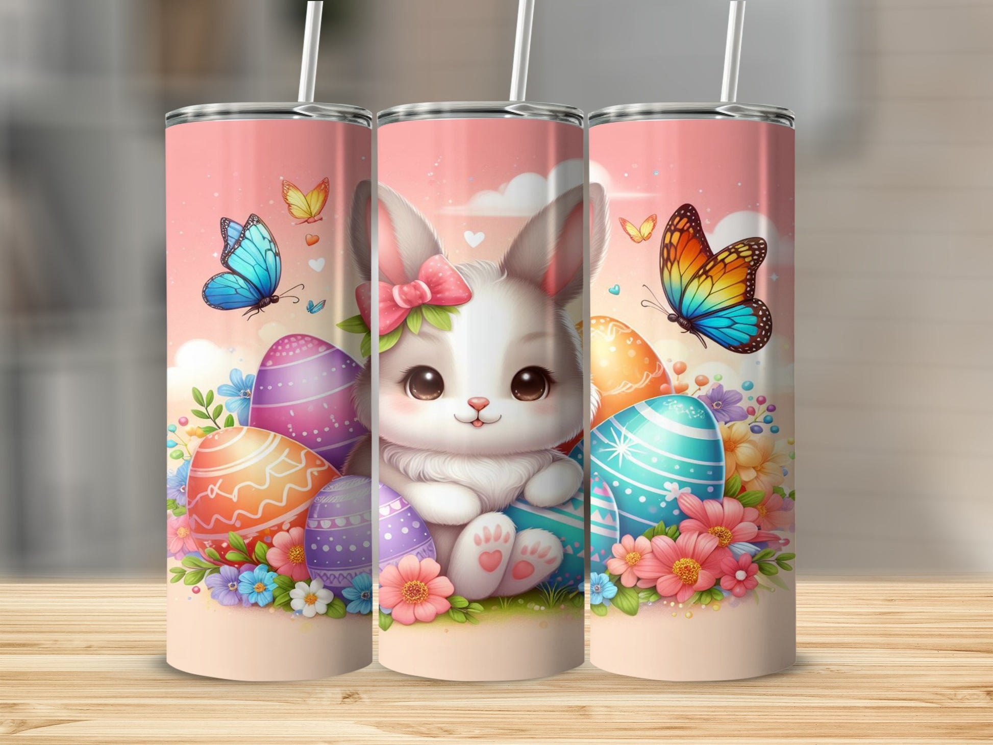 Easter bunny with colorful eggs and butterflies on a pink background.