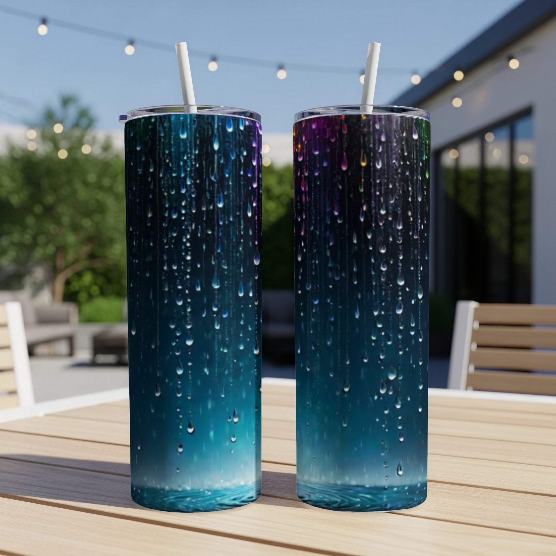 Two tumblers with colorful raindrop pattern on an outdoor table.