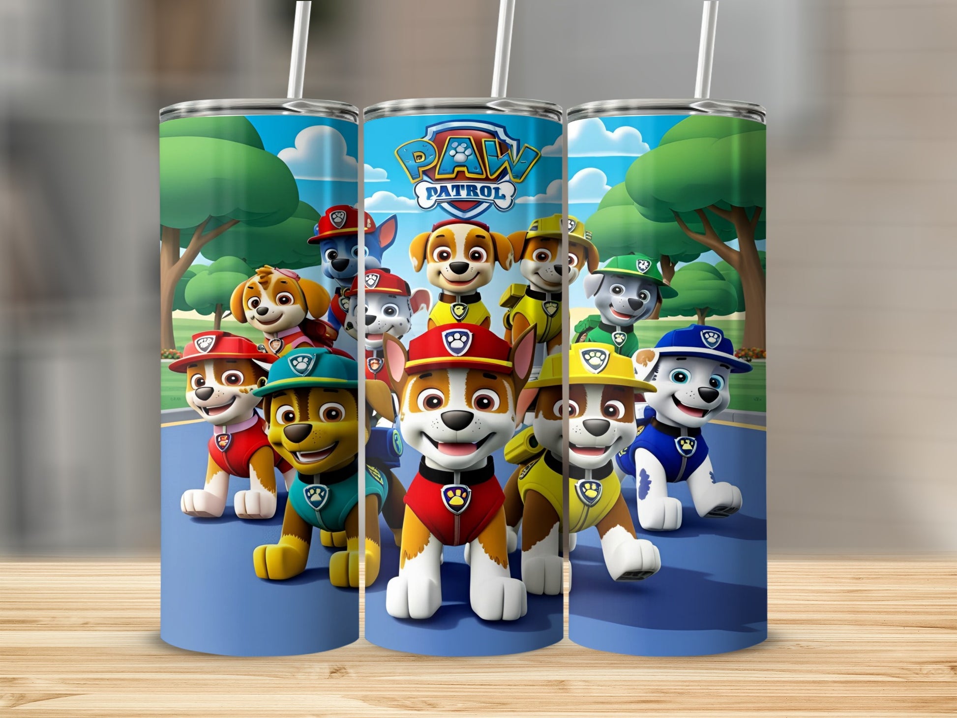 Paw Patrol pups on tumblers with colorful backgrounds and trees.
