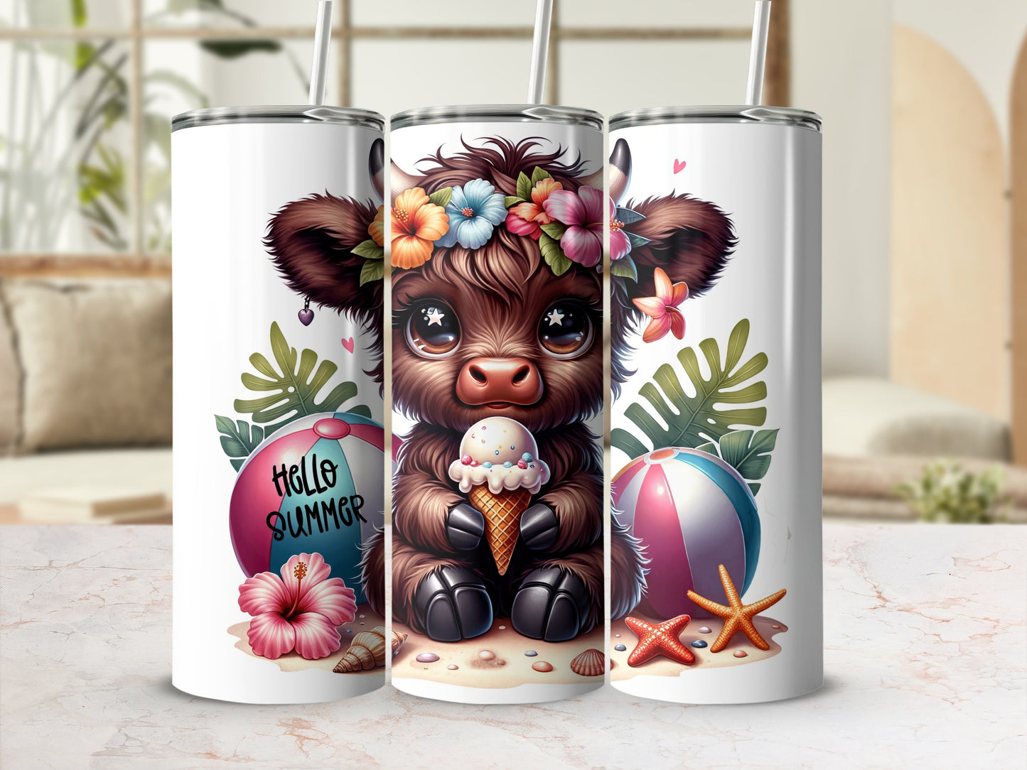 Cow with ice cream cone, beach balls, and flowers.