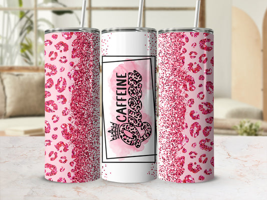 Tumbler with pink leopard print and "CAFFEINE" text.