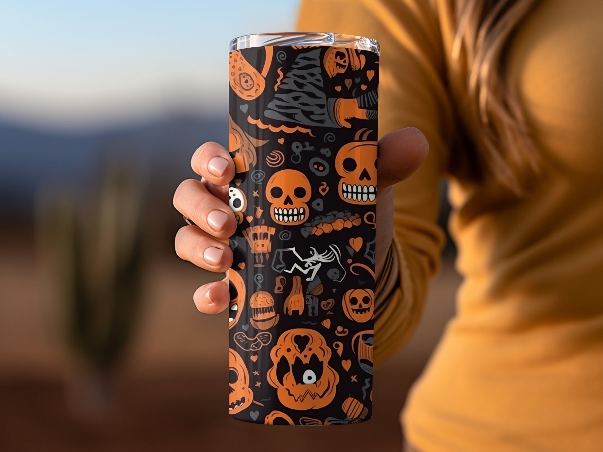 Halloween Themed Skull and Pumpkin Pattern Tumbler