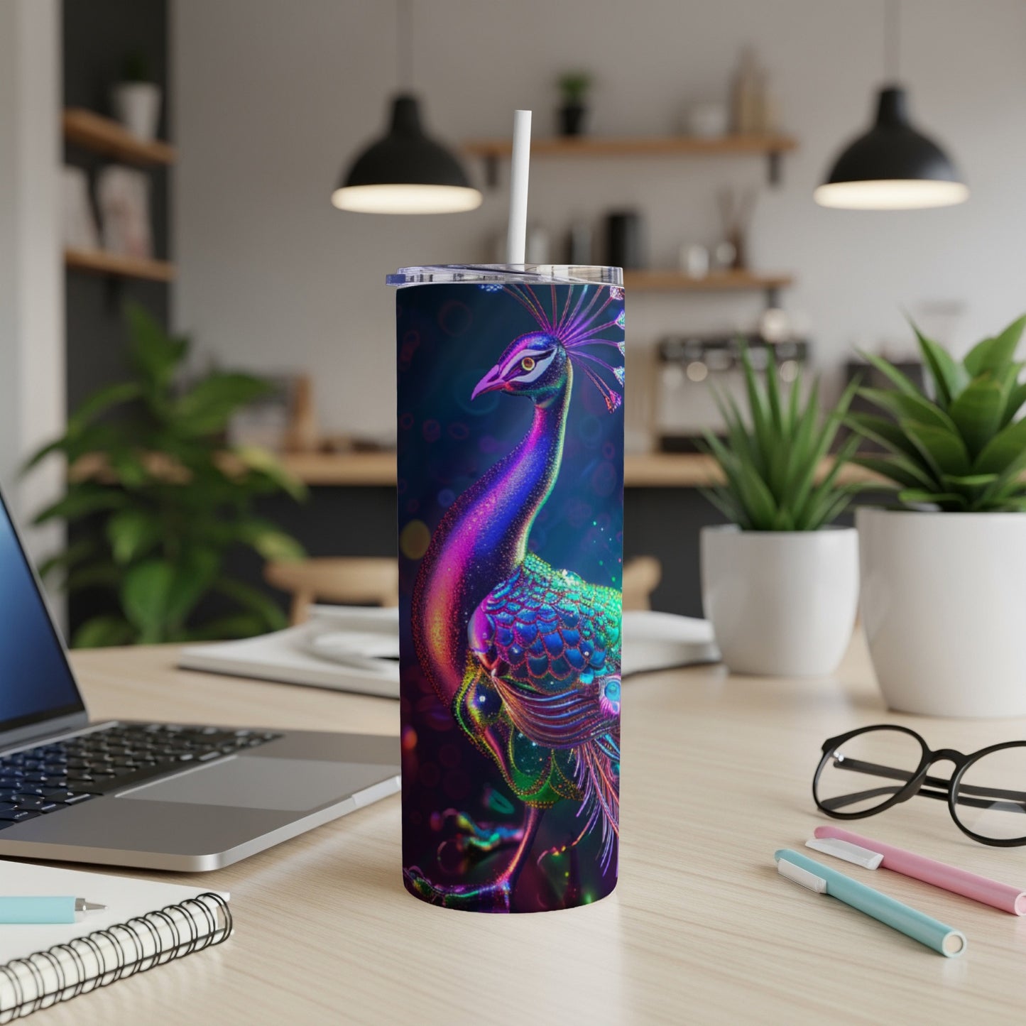 Rainbow peacock design on a skinny tumbler with a straw.