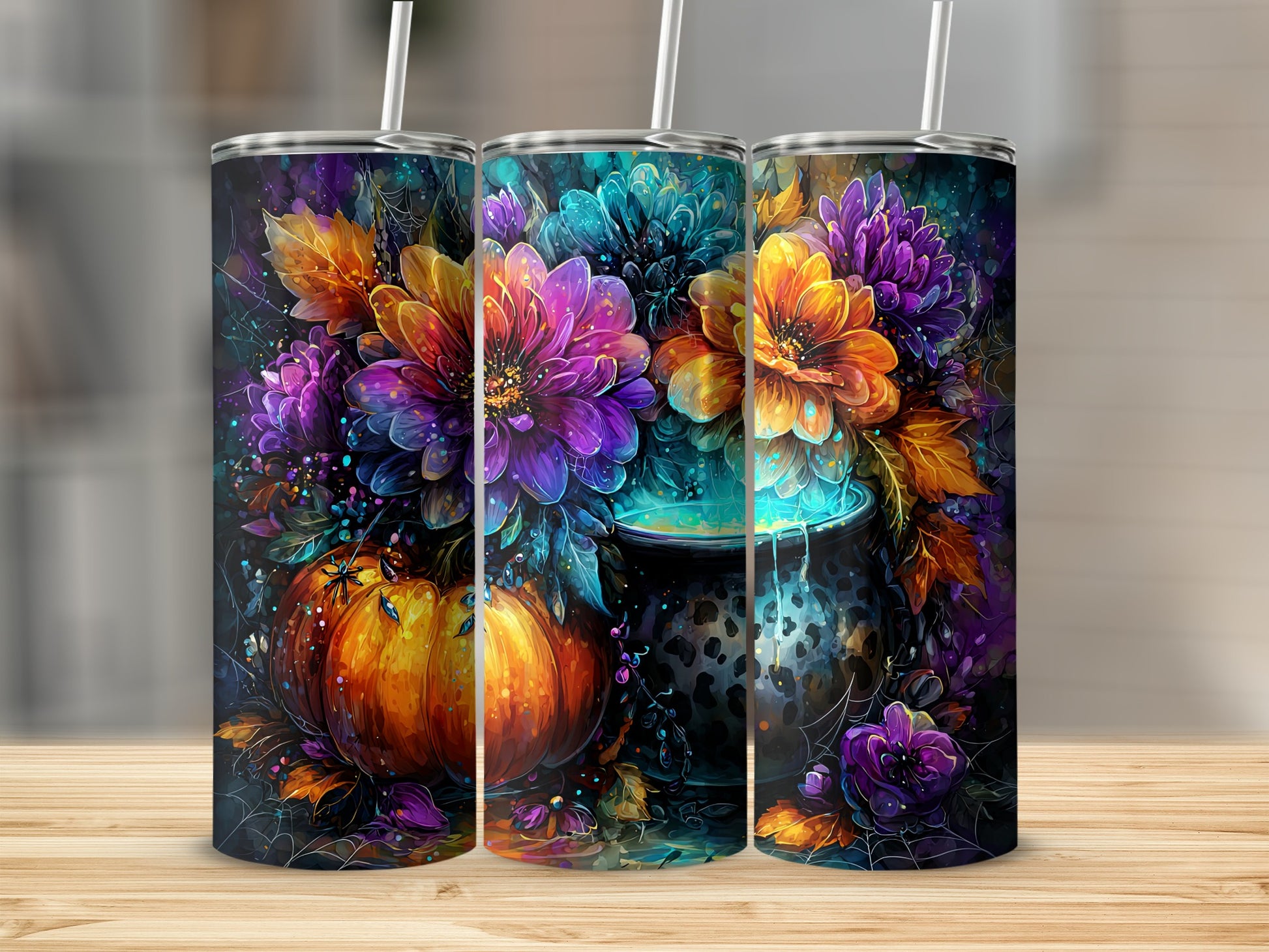 Vibrant Floral Pumpkin and Leaves Tumbler Design