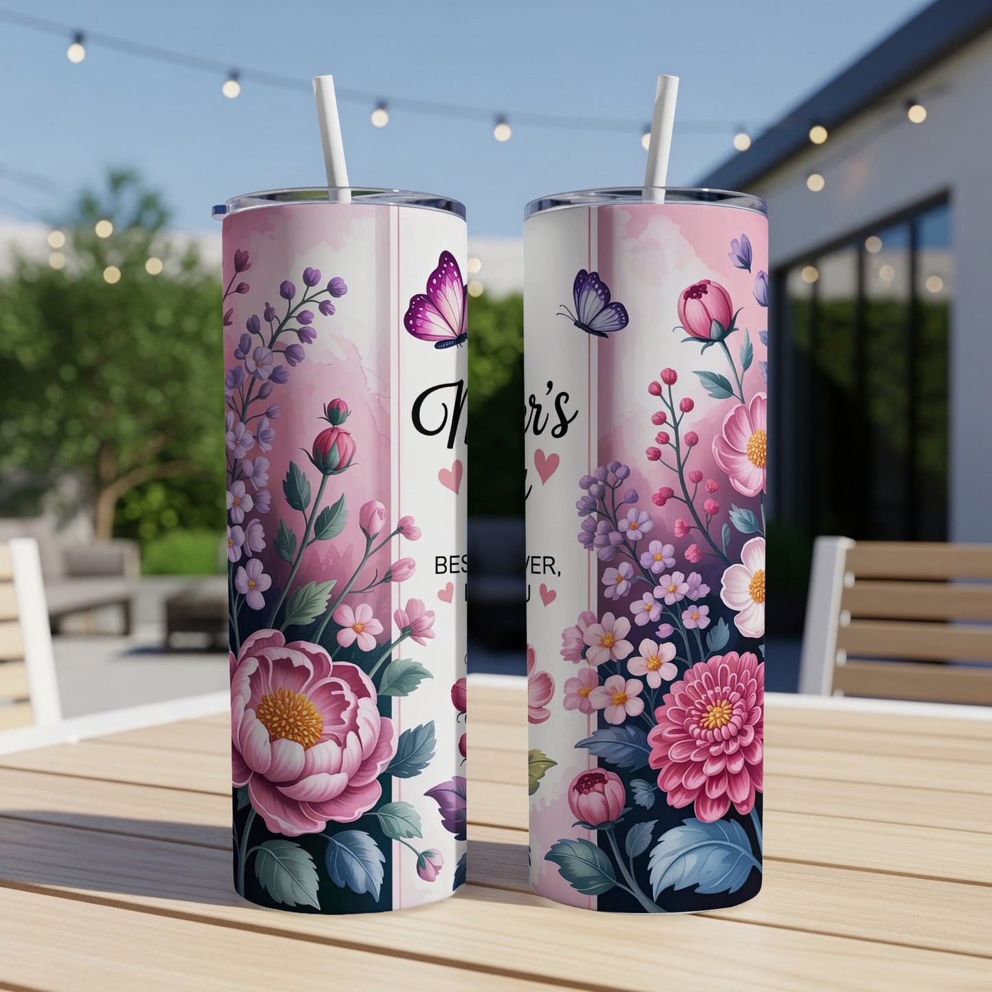 Two pink floral tumblers with "Mom's" and butterflies design.